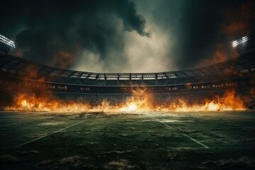Fire burning on a football field inside a large stadium at night, with dramatic clouds and spotlights