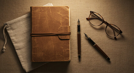 Top view of a Leather journal with fountain pen, and glasses on beige table