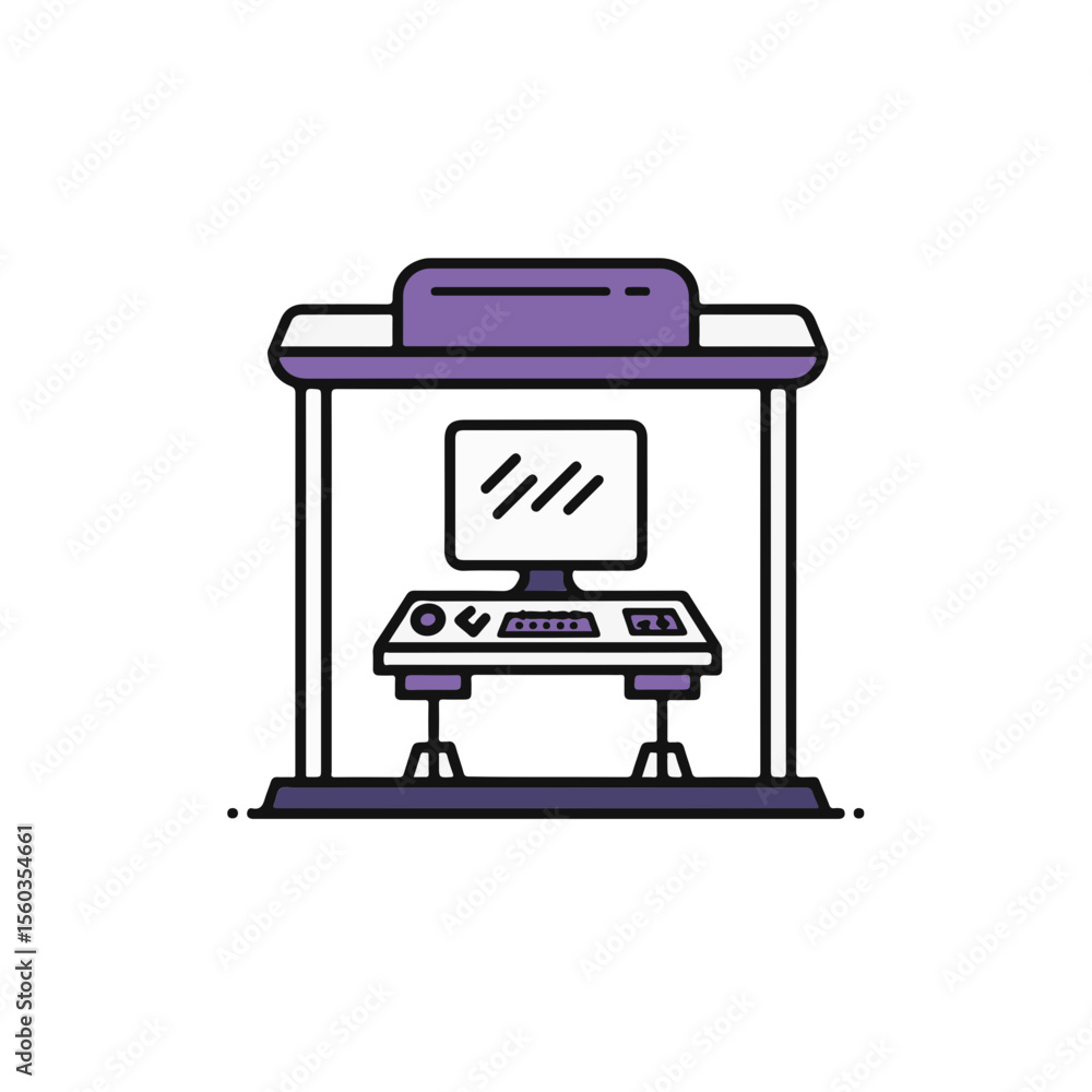 Poster a computer desk with monitor and keyboard inside structure.
