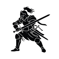 Silhouette of a medieval knight warrior with sword in ready stance