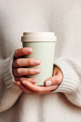 Close up hand of a woman holding takeaway disposable brown coffee cup with a lid	