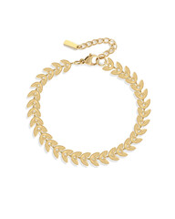close up gold bracelet leaf arrow dainty gold permanent jewelry chain isolated white background