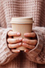 Close up hand of a woman holding takeaway disposable brown coffee cup with a lid	