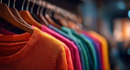 Close up of a row of colorful knitted sweaters hanging on wooden hangers in a retail store with soft bokeh background lighting