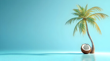 Obraz premium un fondo azul alusivo a la playa azul con concepto de tranquilidad con una palmera y un coco fresco con espacio de copia 