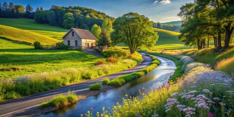 Fototapeta premium Serene Rural Landscape Picturesque Farmhouse by Winding Road and Tranquil Stream, Bathed in Golden Sunlight