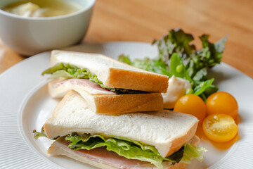 Ham Sandwich and Salad Breakfast on White Plate / ハムサンドとサラダの朝食
