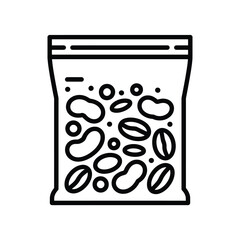 Line art icon of a sealed plastic bag filled with coffee beans and small dots
