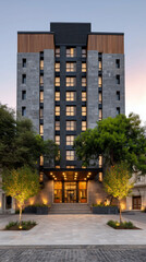Facade of a modern luxury hotel with an illuminated entrance at dusk