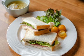 Ham Sandwich and Salad Breakfast on White Plate / ハムサンドとサラダの朝食

