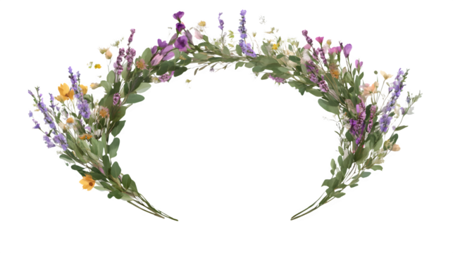 realistic midsummer floral crown mockup, front view with wildflowers, isolated on transparent background