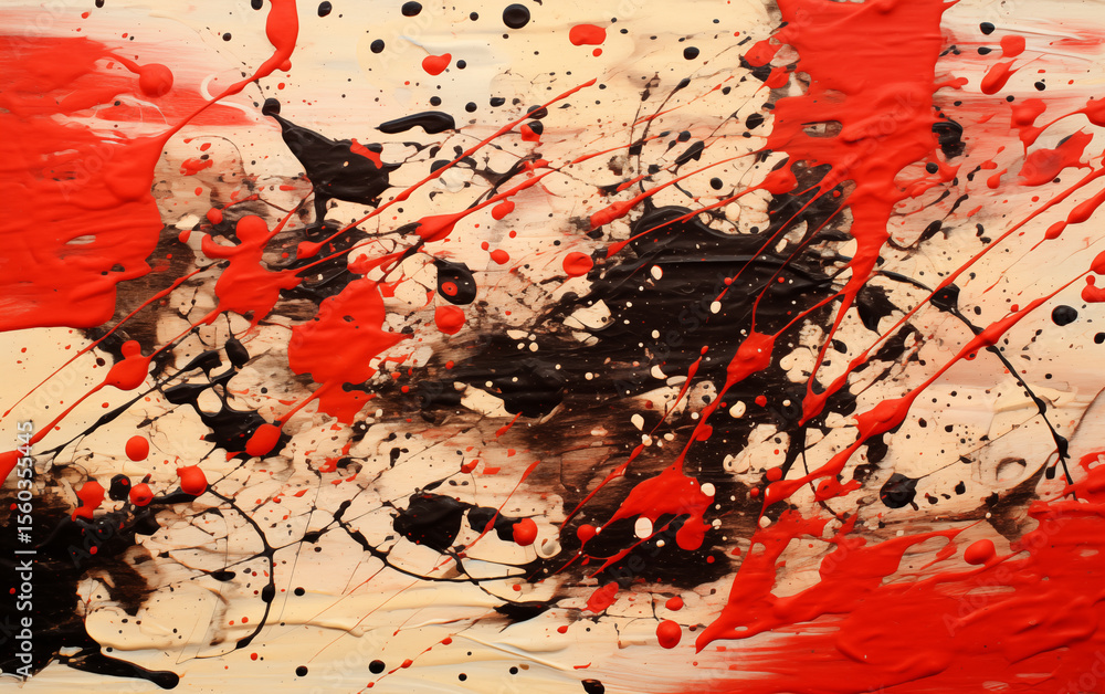 Poster abstract expressionism with red and black paint splatters on canvas art work