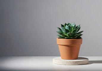 Minimalist Still Life of Green Succulent in Terracotta Pot on Neutral Pedestal with Soft Off-White Background