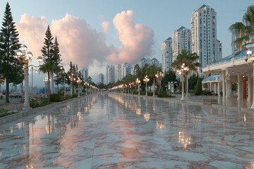Modern building district at dawn with a long marble corridor leading to the city skyline reflecting the light of street lamps