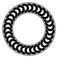 Chain of circles, circle frame. Decorative border made of thirty black overlapping circular shapes, seamlessly interconnected, creating a multi-layer effect. Black and white illustration. Vector