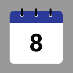 Vector calendar icon illustration with day 8, date, month, and year for event and holiday planning template design