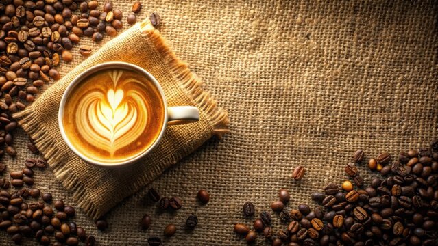 Aromatic Coffee Drink with Latte Art on Rustic Burlap Background Surrounded by Roasted Coffee Beans