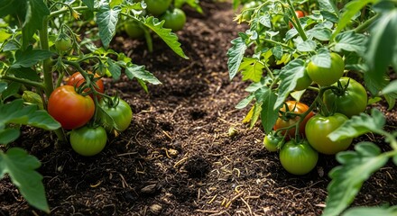 Lush tomato plants growing in a home garden showing green and ripe tomatoes ready to harvest in the soil