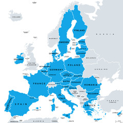 European Union, member states of the EU, political map. Economic and political union of 27 member states, colored in blue. Map with single countries with international borders, labeled in English.