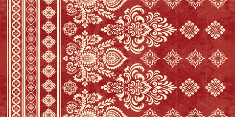 floral pattern vintage ethnic modern embroidery texture boho design vector illustration hand drawn pink flower motif branches leaves wallpaper seamless background border.