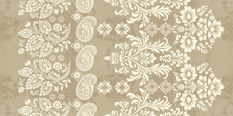 floral pattern vintage ethnic modern embroidery texture boho design vector illustration hand drawn pink flower motif branches leaves wallpaper seamless background border.