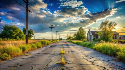 Sun-Drenched Rural Road, Cracked Asphalt, Overgrown Vegetation, and Abandoned Building at Sunset