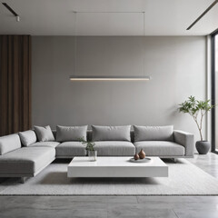 A serene minimal living room featuring a slim modular sofa in soft gray fabric a matte white rectangular coffee table and slim linear pendant lights