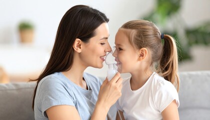 Caring mother gently helping her daughter use a nebulizer while sharing a sweet and affectionate moment together