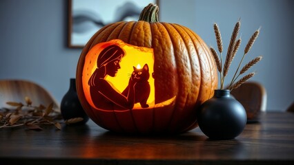 Artistic pumpkin carving. An intricately carved jack-o'-lantern showing a woman and her cat, glowing warmly on a wooden table.