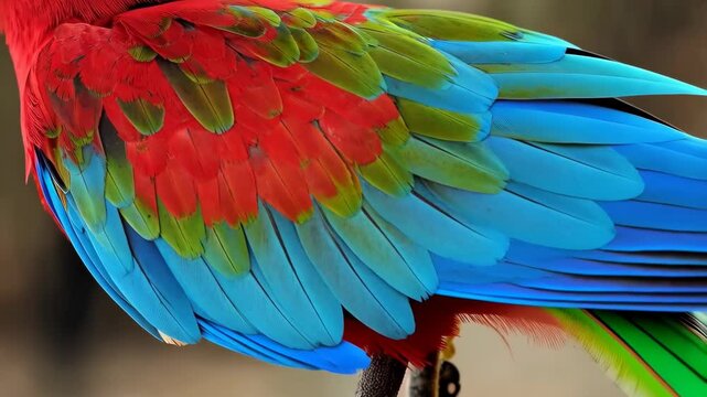 Close-up of colorful parrot plumage featuring red, green, and blue feathers with intricate details