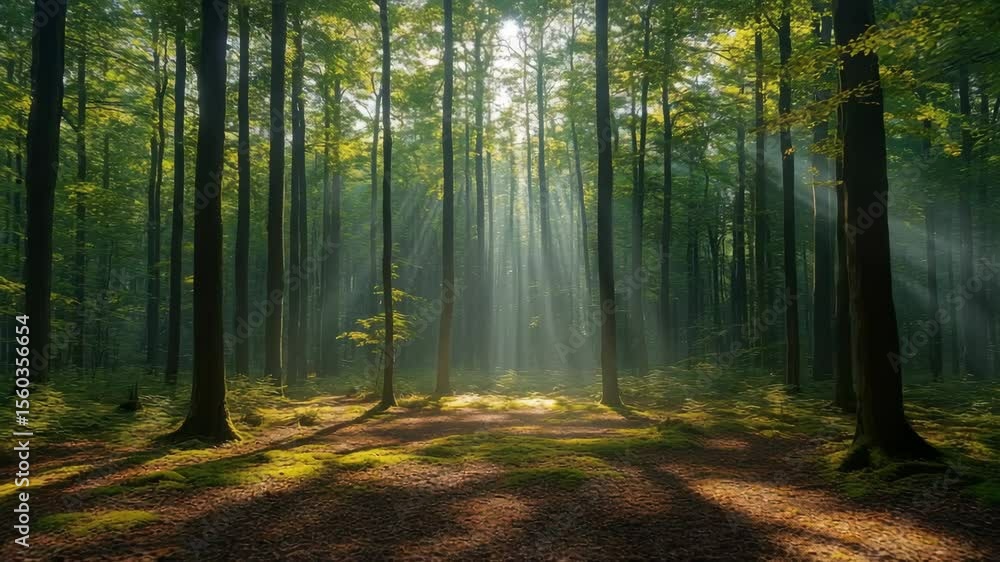 Poster sunlight filtering through a dense green forest with pathway and tall trees