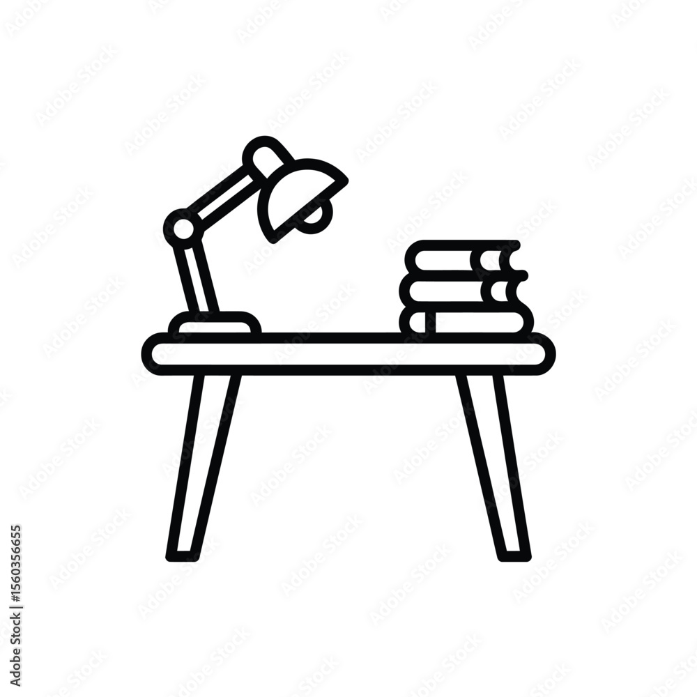 Poster simple line art icon of a desk with a lamp and stack of books