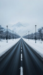 Fototapeta premium Serene Winter Road Landscape – Snow-Covered Trees and Mountains with Street Lamps