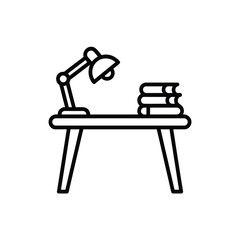 Simple line art icon of a desk with a lamp and stack of books