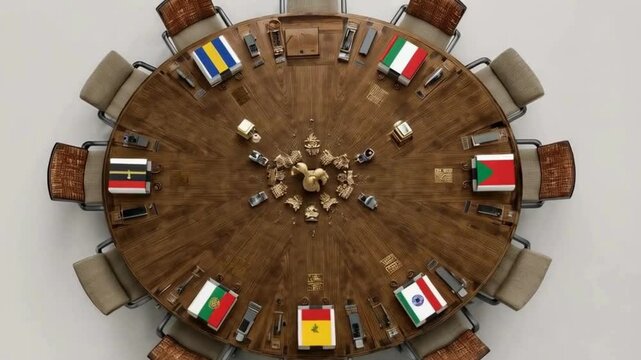 Top-Down Cinematic Shot of BRICS Nations' Round Table with Flags, Military Symbols, Gold Bars and Tech Devices &ndash; 4K Conceptual Video

