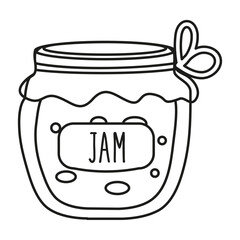Jam jar doodle outline. Homemade preserves for coloring page. Vector sketch