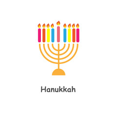 Colorful Flat Hanukkah Menorah Icon with Nine Lit Candles on White Background