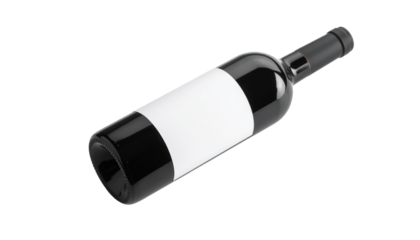 A sleek black wine bottle with a blank white label is displayed horizontally.