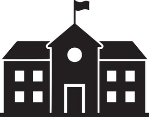 Silhouette of Classic School Building with Flag Symbolizing Education and Community in Vector Design, Emphasizing Simplicity and Timelessness