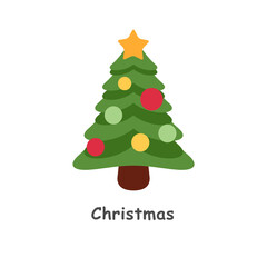Cute Flat Christmas Tree with Ornaments and Star on White Background