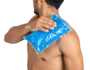 A shirtless man applies a blue ice pack to his shoulder, suggesting treatment for pain or injury relief.