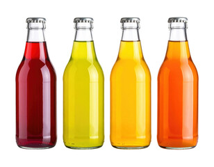 Four glass bottles filled with colorful beverages in shades of red, yellow, light orange, and orange, each sealed with a silver cap.