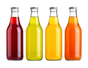 Four glass bottles filled with colorful beverages in shades of red, yellow, light orange, and orange, each sealed with a silver cap.