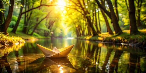 A solitary paper boat floats serenely on a calm stream, bathed in the warm glow of the setting sun, amidst a lush green forest