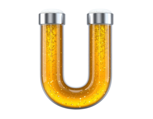 A U-shaped glass container filled with a golden, bubbly liquid and sealed with metallic caps on both ends.