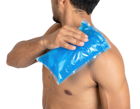 A shirtless man applies a blue ice pack to his shoulder, suggesting treatment for pain or injury relief.