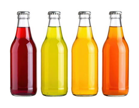 Four glass bottles filled with colorful beverages in shades of red, yellow, light orange, and orange, each sealed with a silver cap.