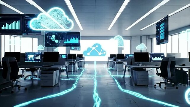 Modern Office Cloud Computing and ERP SaaS Concept Animation