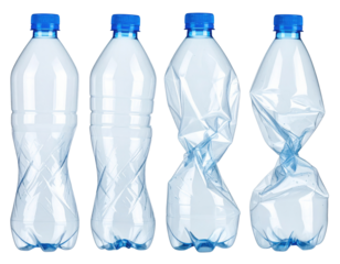 Four clear plastic water bottles with blue caps, two are intact and two are crushed.