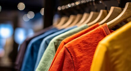 A close up shot of a row of colorful t shirts hanging on wooden hangers in a retail store with soft bokeh background lights